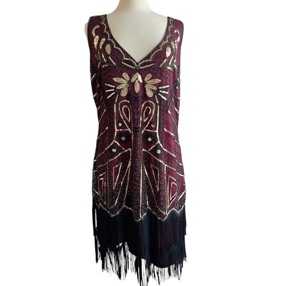 Babeyond Flapper Dress 3XL Burgundy Black Gold Sequin Fringe 1920s Gatsby NEW